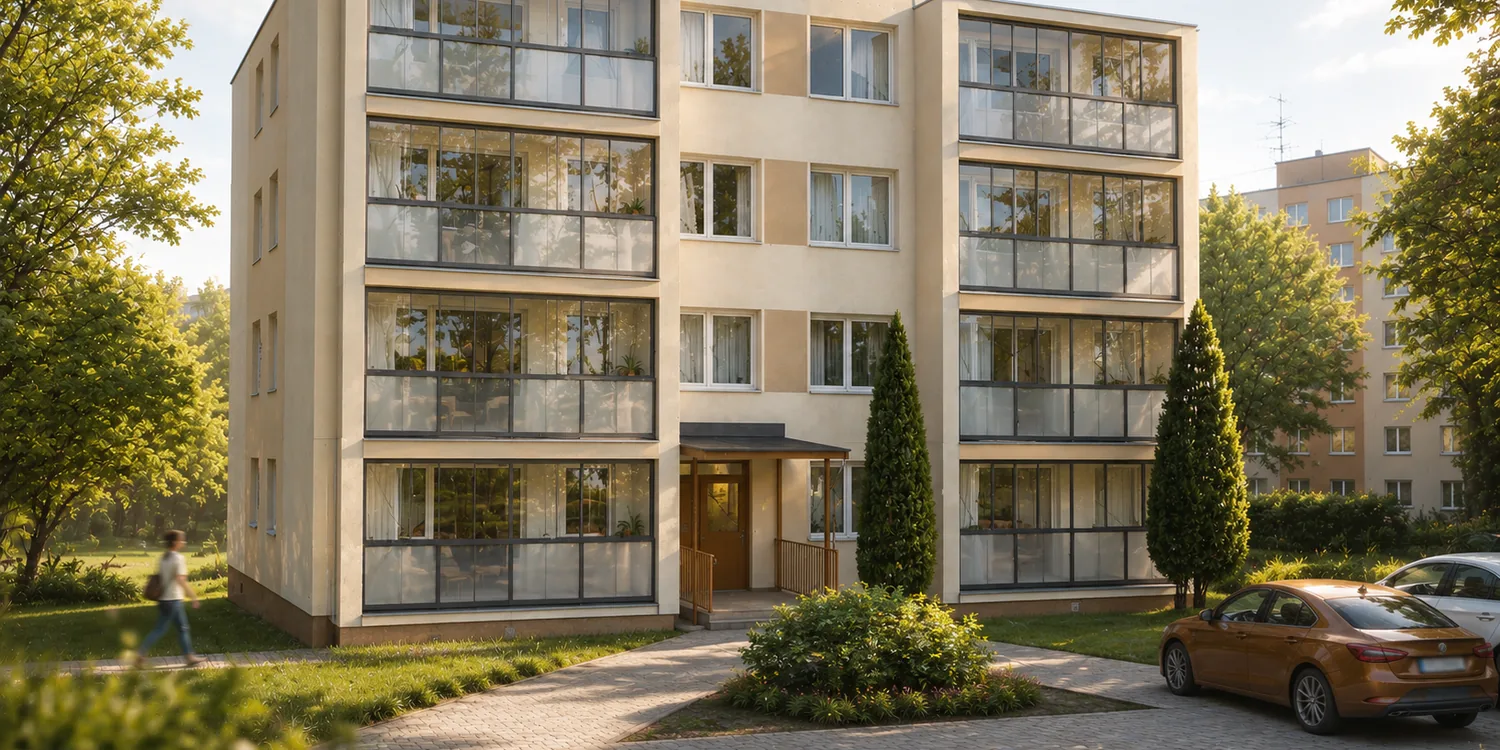 Vizualizácia bytového domu po obnove – zasklené loggie a nová fasáda