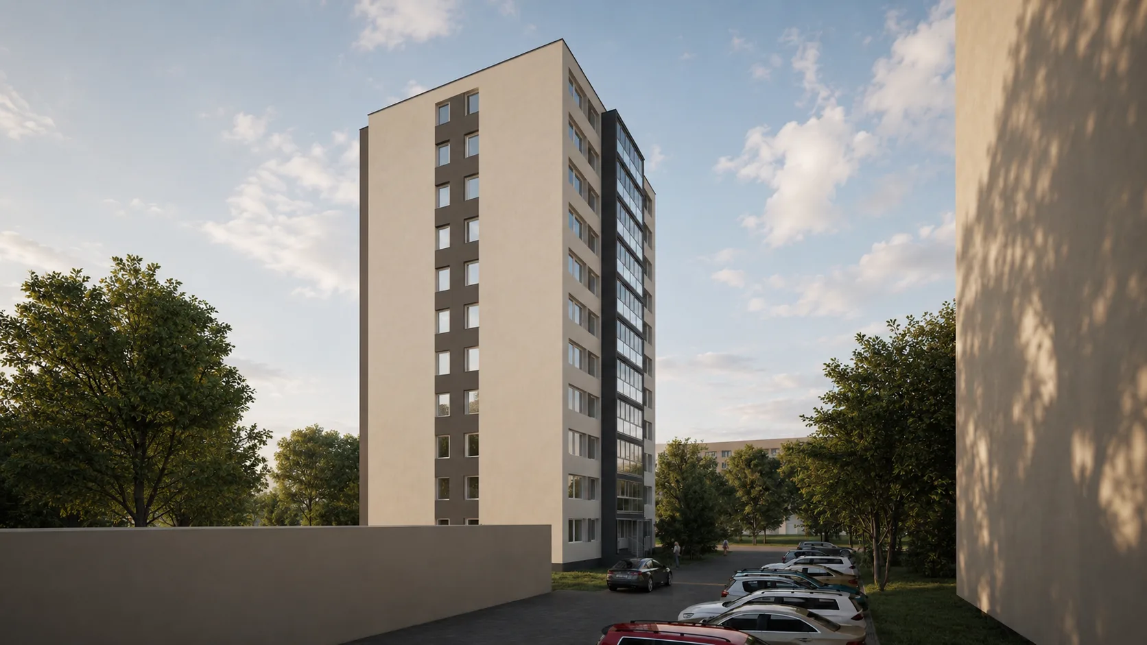 Vizualizácia bytového domu Gudernová 1 po obnove z bočného pohľadu