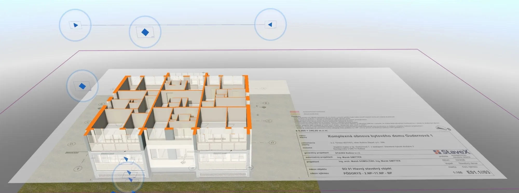 Pôdorys bytového domu vygenerovaný z 3D BIM modelu s výkresovou pečiatkou